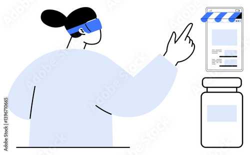 Woman wearing AR glasses pointing at a floating virtual online store interface near a product. Ideal for augmented reality, technology, ecommerce, innovation, user interaction, virtual shopping