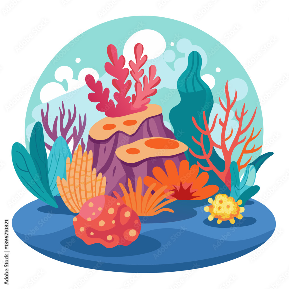 Fototapeta premium This vibrant coral reef illustration features diverse marine flora and fauna, showcasing colorful corals, seaweed, and underwater rocks, highlighting the beauty of ocean ecosystems