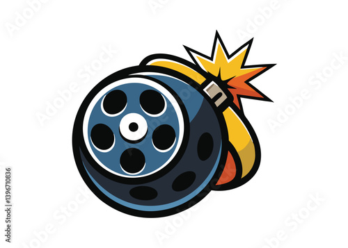 Movie Cinema Logo with Bomb Reel Icon for Creative Film Makers and Studios .Vector with Bomb In Isolated White Backgroud