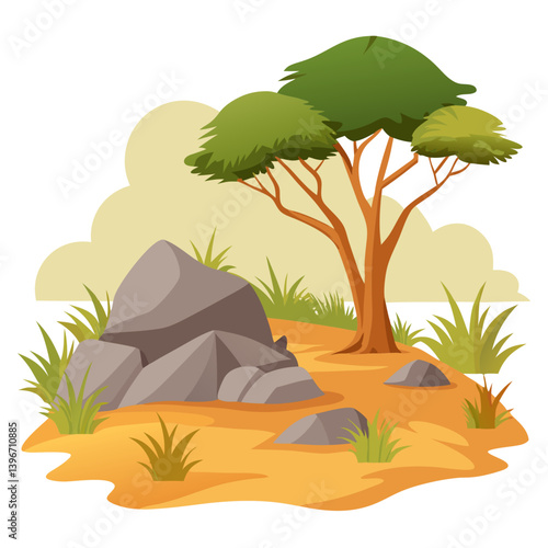 A dry savanna landscape displays faded grass and rocky terrain with a solitary tree standing tall. The soft light of the golden hour enhances the serene beauty of this natural setting