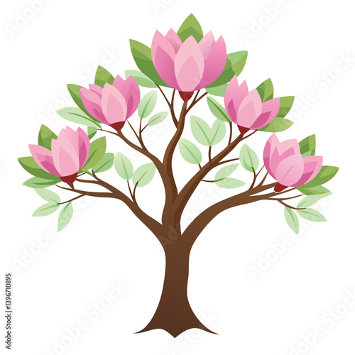 Magnolia tree features vibrant pink flowers and fresh green leaves on a brown trunk, perfect for decoration or graphic design with a flat vector style