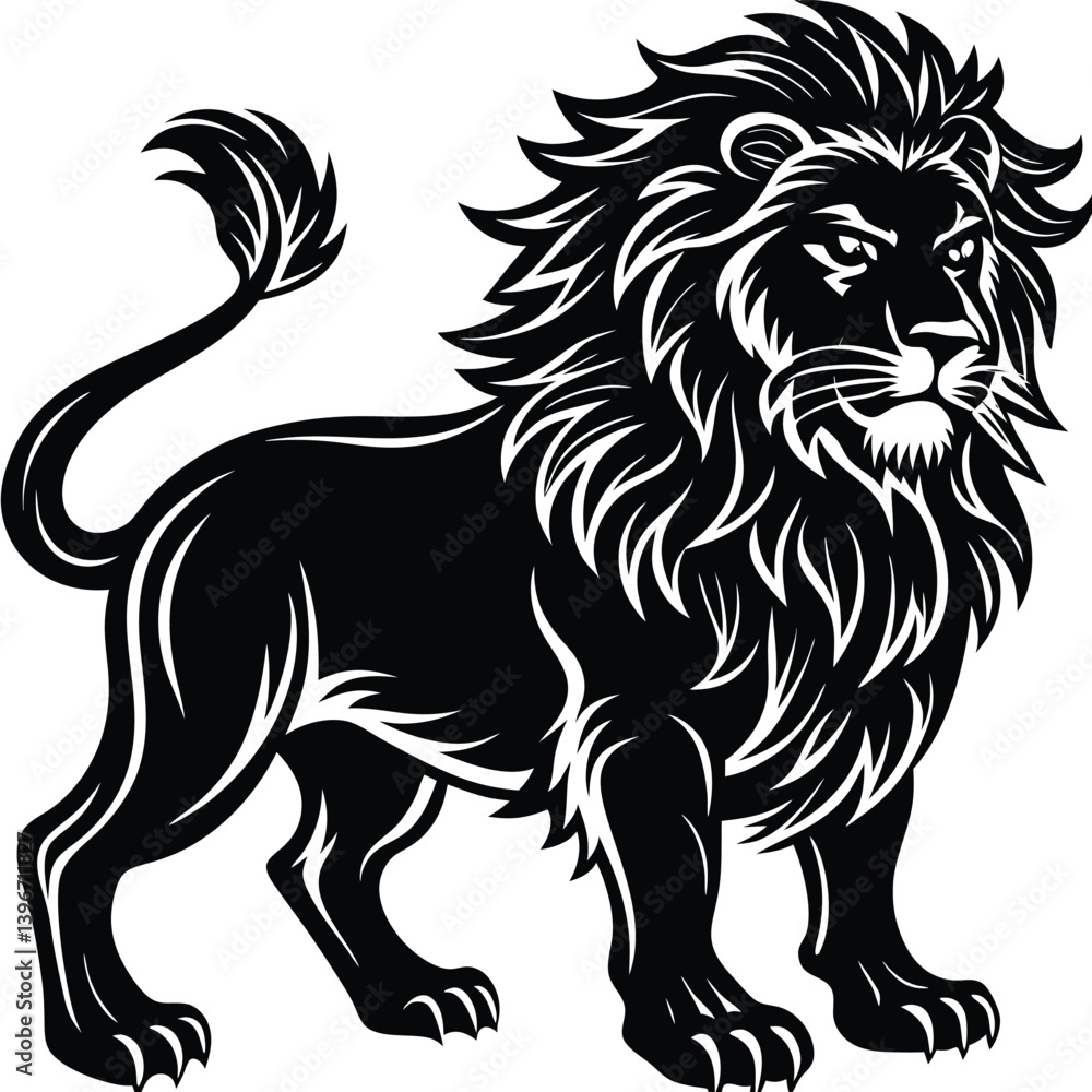 Fototapeta premium Wild lion head vector illustration, a black and white tribal art drawing