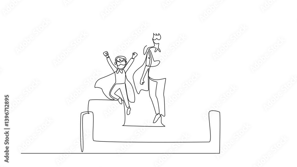 Self drawing animation of continuous one line drawing mother and a boy jump from the sofa. Superhero family. Eliminate germs and bacteria at home. Metaphor. Autism Super Mom Day. Full length animated