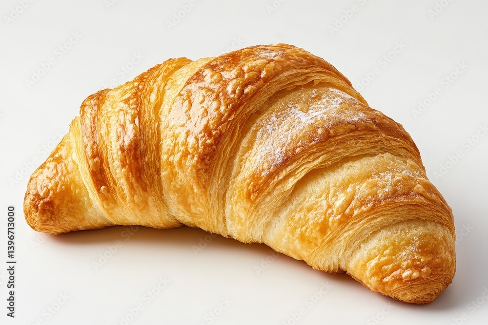 A perfectly golden croissant resting on a plain white surface A perfectly golden croissant resting on a plain white surface