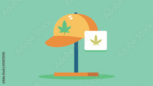 Hemp Fabric Cap An ecofriendly cap made from hemp showcased on a stand with price slashes visible on a vivid sale sign beside it.
