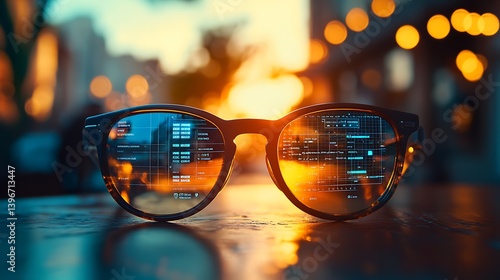 Macro of AR glasses on a table, with interface reflection visible in the lenses showing a digital calendar overlay. Warm coffee shop light in the background. Created Using: lifestyle-tech concept,