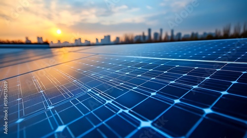Macro shot of a modern solar panel surface, showing fine grid lines and blue photovoltaic cells reflecting direct sunlight.