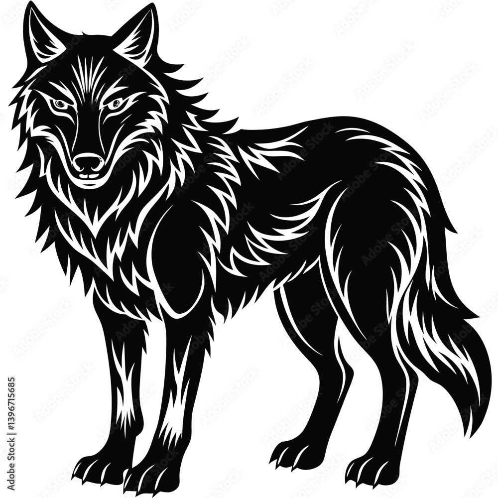 Fototapeta premium Wild wolf head vector illustration, a black and white canine animal drawing