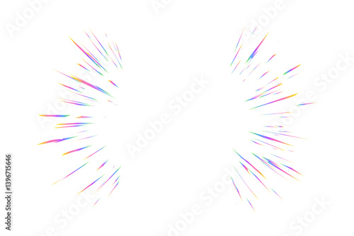 Light burst with rainbow prism effect. Halo flare sparkles of crystal. Vector radial holographic color explosion. Comic speed lines glare beams with sparks and neon reflection on white background.