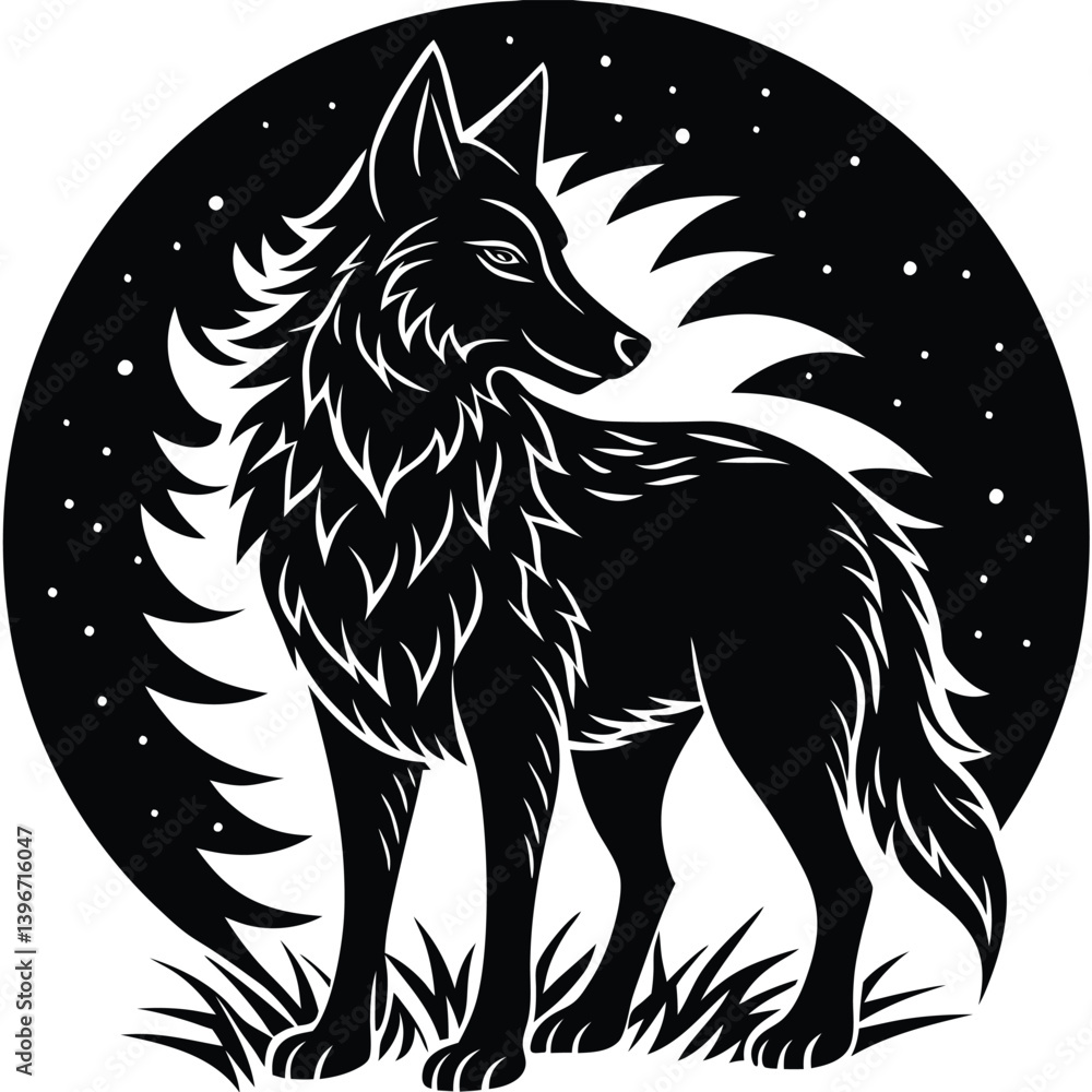 Fototapeta premium Wild wolf head vector illustration, a black and white canine animal drawing