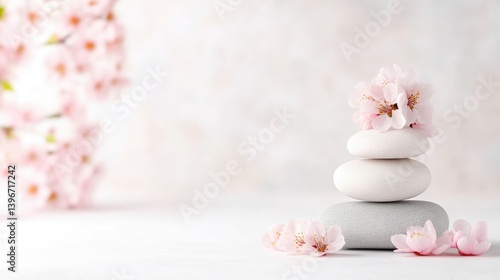 Wallpaper Mural Stacked zen stones with delicate pink cherry blossoms on a soft white background, and minimalist composition for relaxation and tranquility concept. Torontodigital.ca