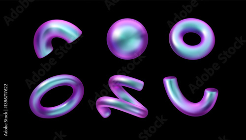 Hologram shape vector 3d set. Abstract metallic holographic geometric icon collection. Iridescent gradient design elements