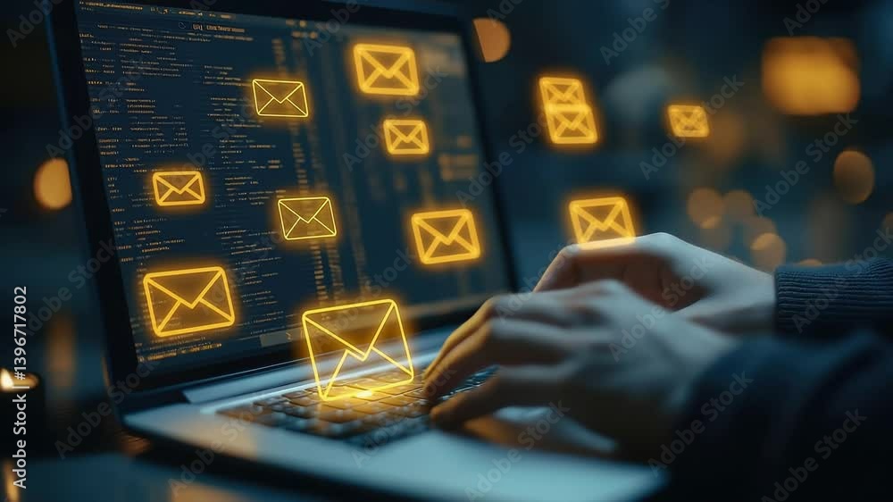 Typing, sending and reading electronic mail, email marketing and newsletter concept. Digital communication with email messages. Sending and receiving messages online with the email icon, notifications