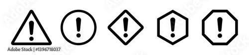 Set of warning icons. Set of exclamation marks in various shape , circle, shield, hexagon, octagon, and triangle. Set of vector icons for UI, signs, alerts, safety, icon, vector,.
