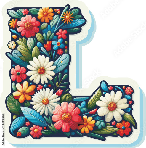 Doodle flower letter L. Floral element of colorful alphabet made from flowers