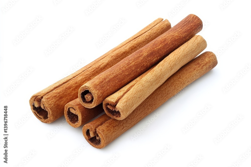 Several cinnamon sticks are arranged together on a bright white backdrop Several cinnamon sticks are arranged together on a bright white backdrop