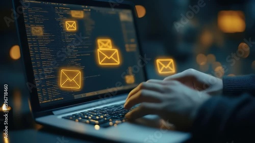Typing, sending and reading electronic mail, email marketing and newsletter concept. Digital communication with email messages. Sending and receiving messages online with the email icon, notifications