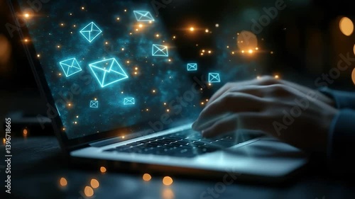 Typing, sending and reading electronic mail, email marketing and newsletter concept. Digital communication with email messages. Sending and receiving messages online with the email icon, notifications