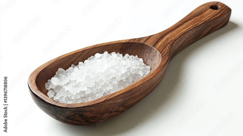 Salt crystals in a wooden scoop with handle, ideal for product packaging or culinary designs. Salt crystals in a wooden scoop with handle, ideal for product packaging or culinary designs.