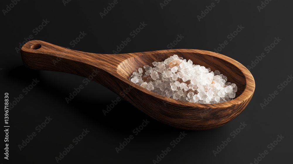 Salt crystals in a wooden scoop with handle, ideal for product packaging or culinary designs. Salt crystals in a wooden scoop with handle, ideal for product packaging or culinary designs.