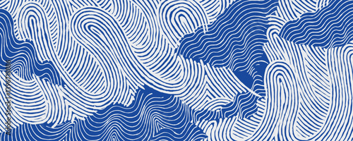 Crafted hand drawn brush line abstract collage wave and water pattern, Japanese and ethnic wood carving, weaving texture background in white and blue, experimental minimal graphic for carpet, fabric