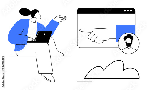Person holding laptop and gesturing towards web interface featuring a pointing hand, profile icon, and cloud. Ideal for communication, teamwork, remote work, technology, collaboration, interface