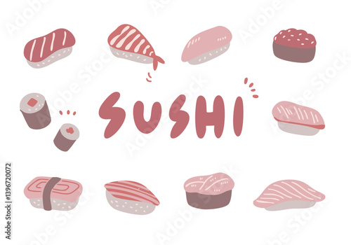 くすみカラーのお寿司のイラストセット