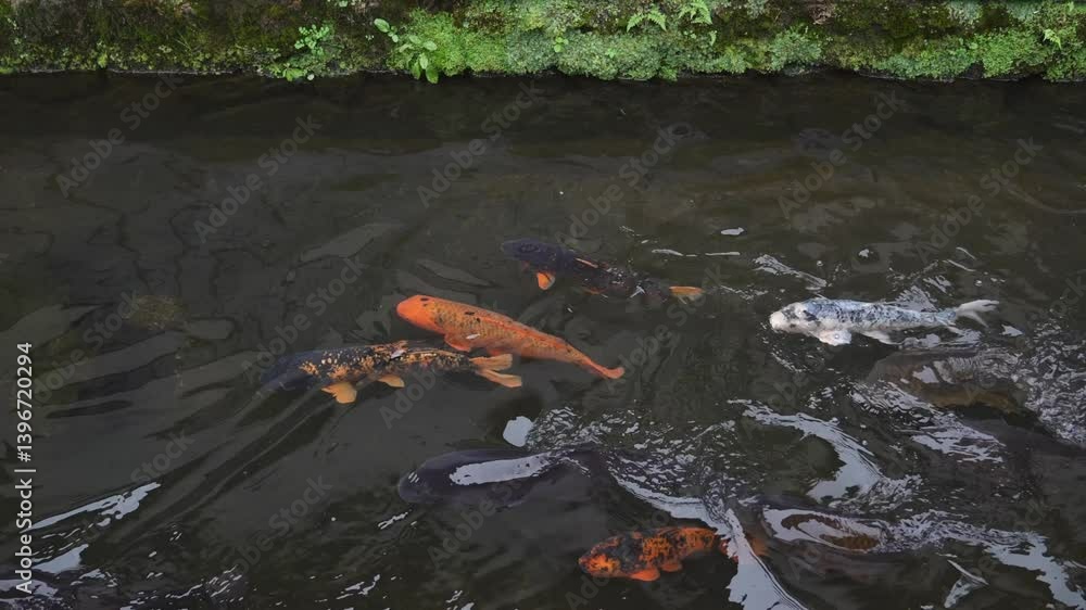 Koi carp seen from above in a clear river, japanese koi fish, Koi carp fish swarm many colorful fishes in water. Koi carp seen from above in a clear river, japanese koi fish, Koi carp fish swarm many colorful fishes in water.