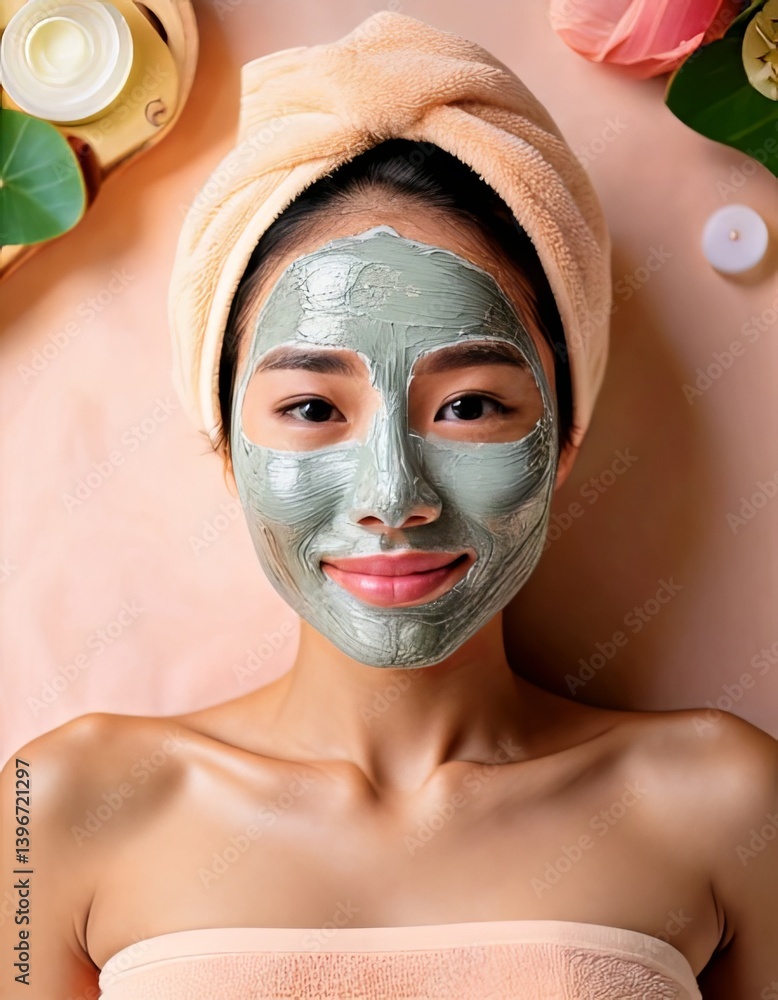 Fototapeta premium Relaxed Asian Woman with Facial Mask Enjoying Spa Treatment