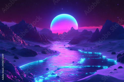 Neon River Flows Through Alien Landscape