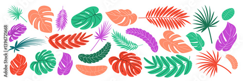 Set of tropical leaves. Collection foliage of jungle in flat style. Vector illustration isolated on white background