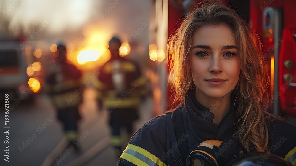 Obraz premium Female firefighter standing confidently in front of a firetruck, helmet tucked under her arm, other firefighters blurred in action behind her. Created Using: Empowerment realism,