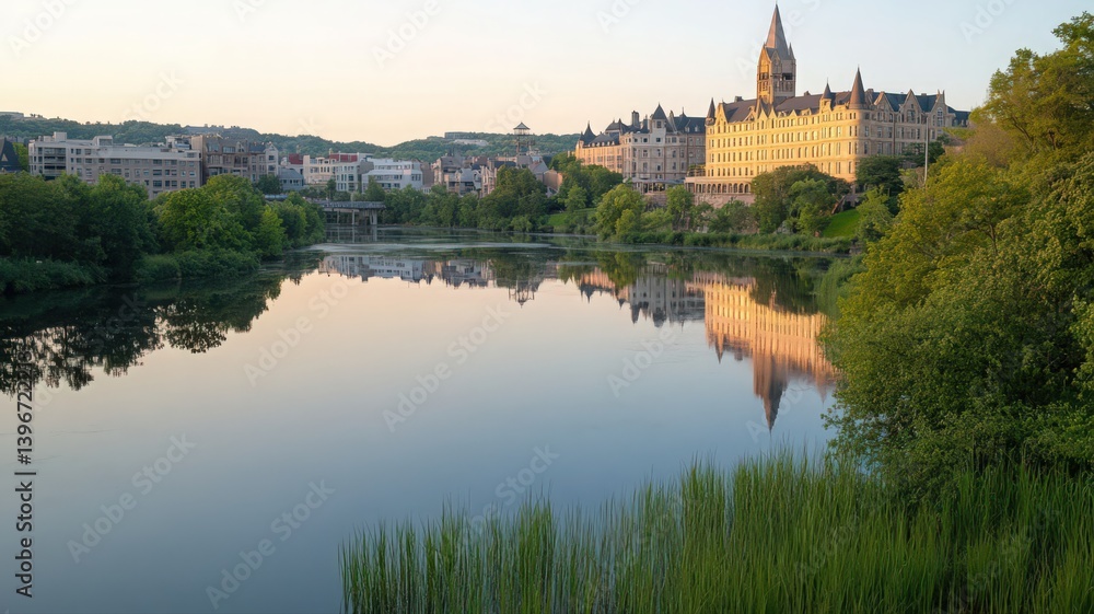 Grand Architecture Reflecting in Tranquil Lake with Lush Greenery Under Warm Sunlight Panoramic View Grand Architecture Reflecting in Tranquil Lake with Lush Greenery Under Warm Sunlight Panoramic View