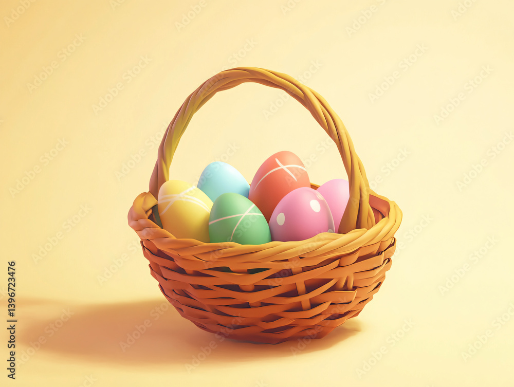 Naklejka premium Colorful Easter Eggs in Wicker Basket: Vibrant Pastel Springtime Celebration Background