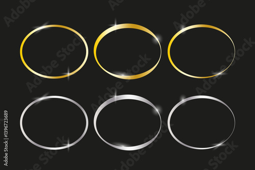Golden oval frames. Shiny silver rings. Sparkling black background. Vector metallic outline.