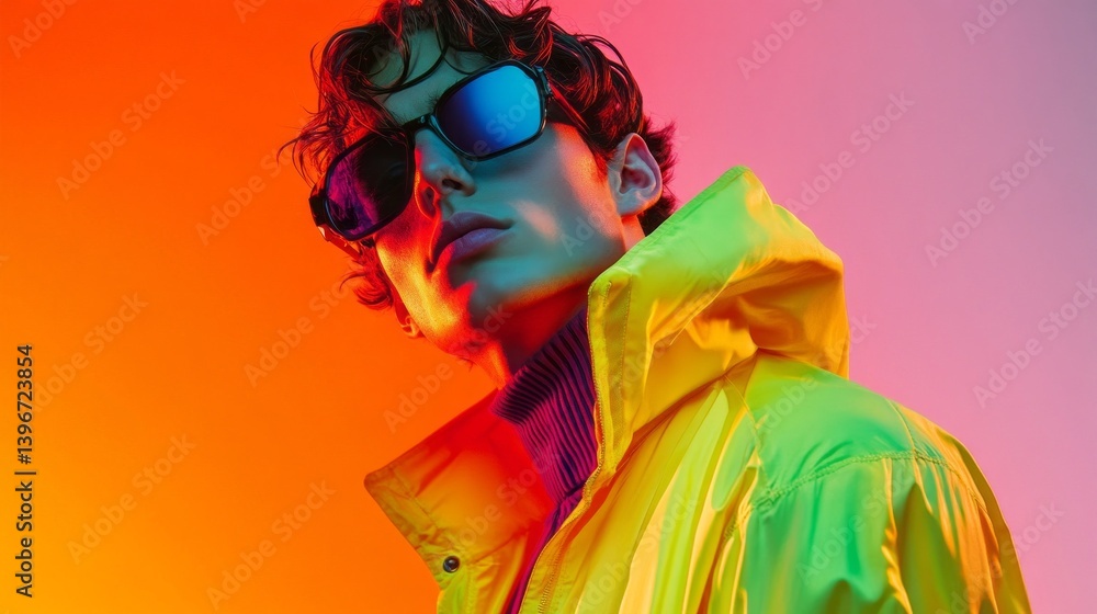 Obraz premium A fashionable man dons a striking neon jacket while striking a confident pose. The colorful background enhances his modern look, making a bold statement at a lively urban gathering