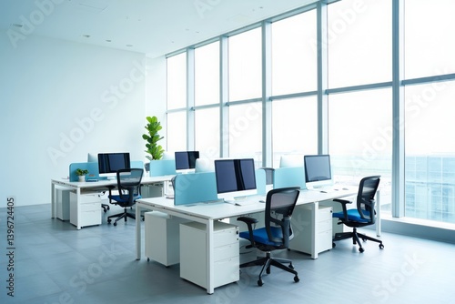 Modern and Inspiring Office Space with Large Windows. A Bright and Clean Workspace for Maximum Productivity. Perfect for Business and Modern Design Enthusiasts.