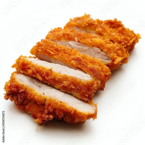 Sliced Chicken Katsu Cutlet with Crispy Golden Brown Breadcrumbs on White Surface