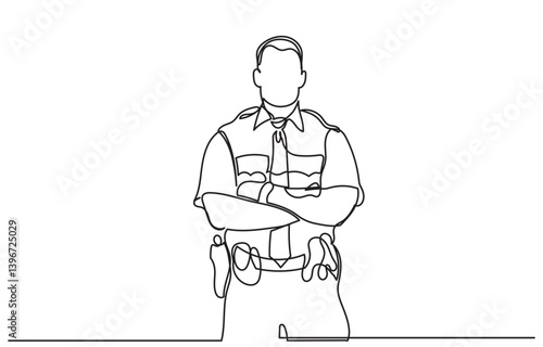 Continuous line drawing shows a policeman with arms crossed wearing a uniform.Single line police officer traffic and public service. The male officer represents law enforcement and security .