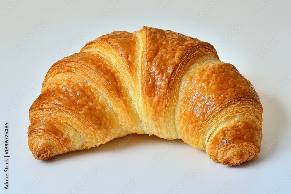 A golden baked croissant rests on a plain white surface A golden baked croissant rests on a plain white surface