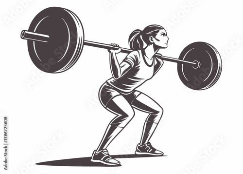 A realistic image of a strong, athletic woman lifting a heavy barbell against a white background, showcasing power and determination