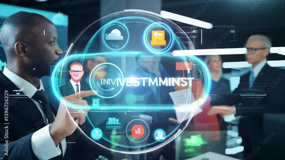 Innovative business presentation with futuristic holographic technology in a corporate setting