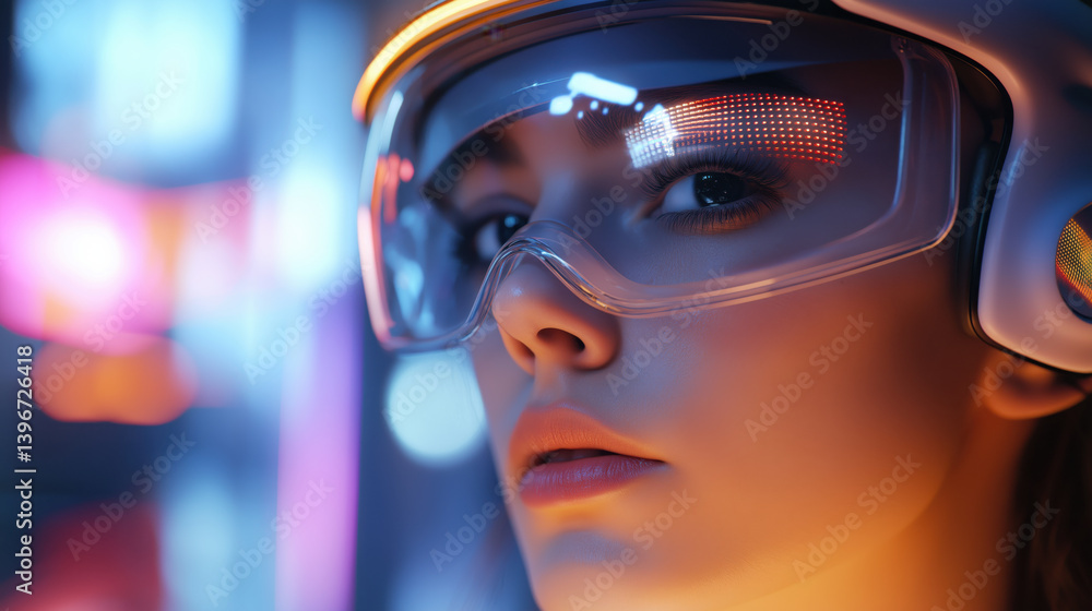 woman looks determined, equipped with futuristic tech headwear. She is part of future transport innovations, ready to change world with technology woman looks determined, equipped with futuristic tech headwear. She is part of future transport innovations, ready to change world with technology