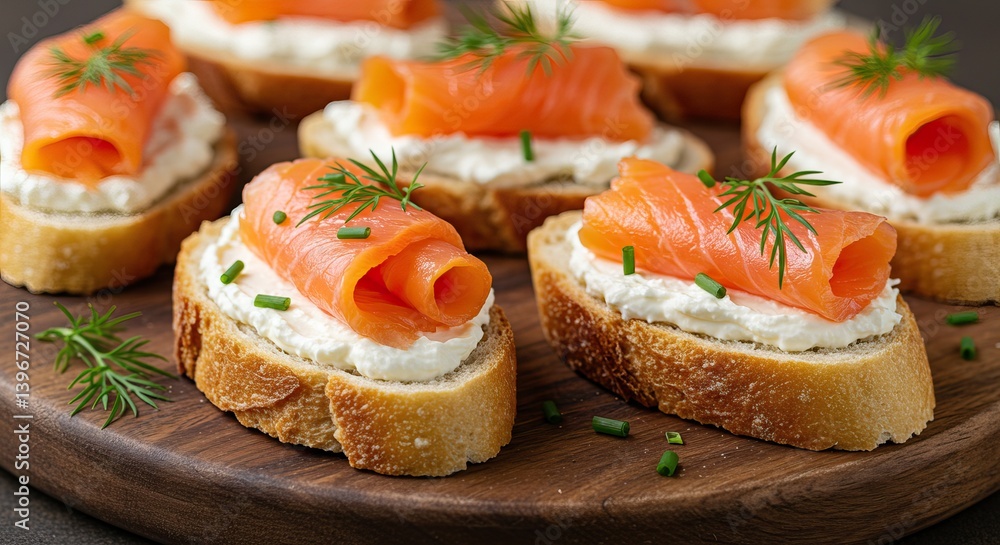 Delicious smoked salmon appetizers with cream cheese and dill on rustic bread Delicious smoked salmon appetizers with cream cheese and dill on rustic bread