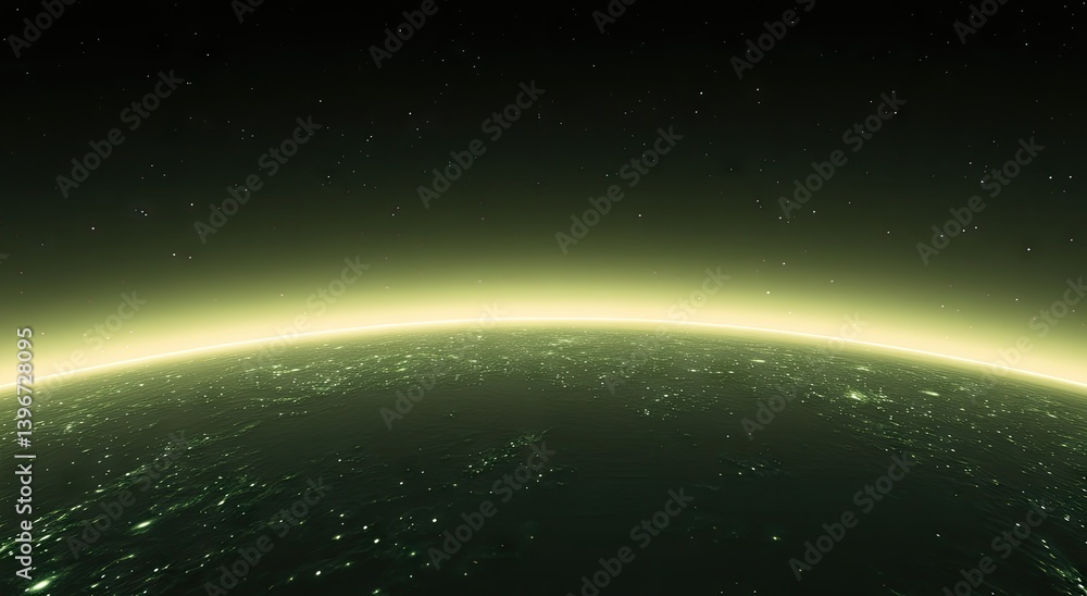 Fototapeta premium A stylized view of earth's horizon, illuminated by a pale yellow-green light.