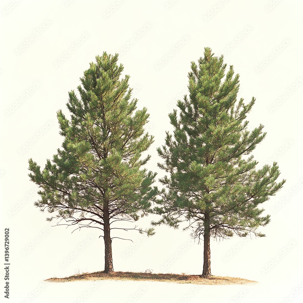 Fototapeta premium Two Green Pine Trees Isolated Against a Bright Background Nature Concept
