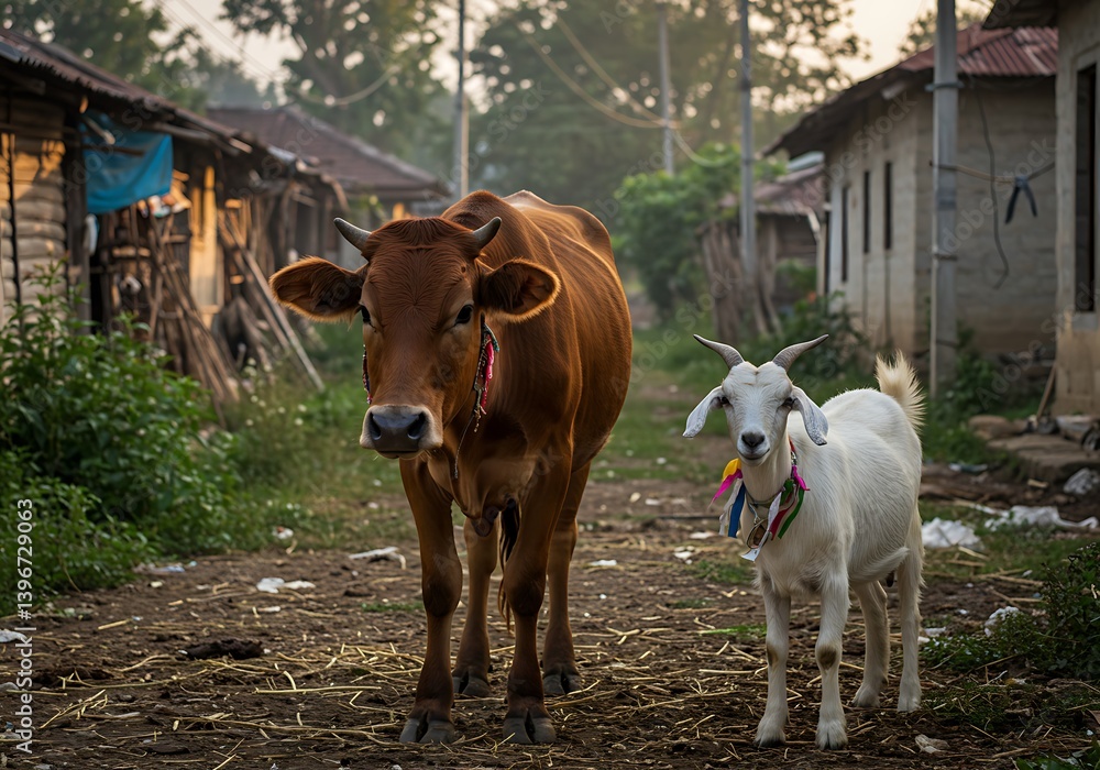 Cow and Goat Standing Together on Village Road in Rural Setting Cow and Goat Standing Together on Village Road in Rural Setting