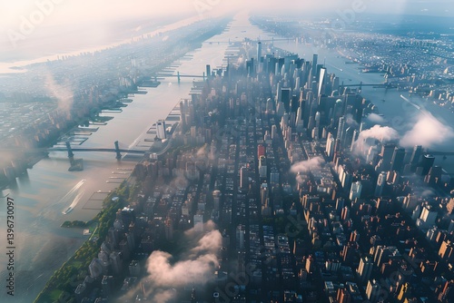 Ethereal Aerial Panorama of Manhattan with Drifting Clouds...