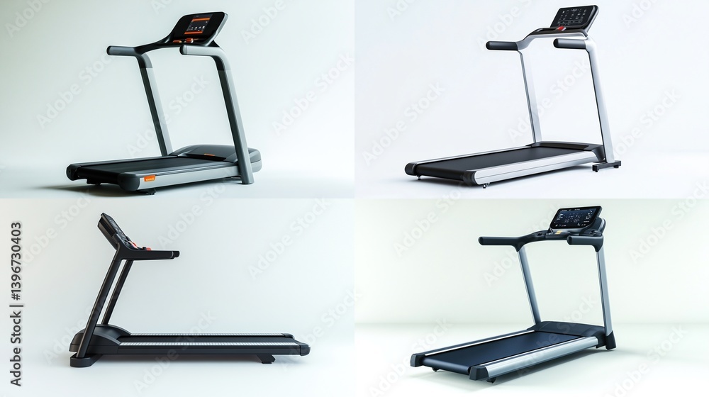 Four views of a modern treadmill on white background. Four views of a modern treadmill on white background.