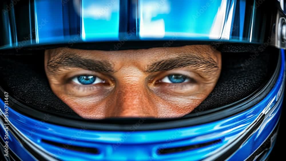 Intense portrait of race car driver with piercing blue eyes wearing a bright blue helmet, extreme close up captures dedication Intense portrait of race car driver with piercing blue eyes wearing a bright blue helmet, extreme close up captures dedication